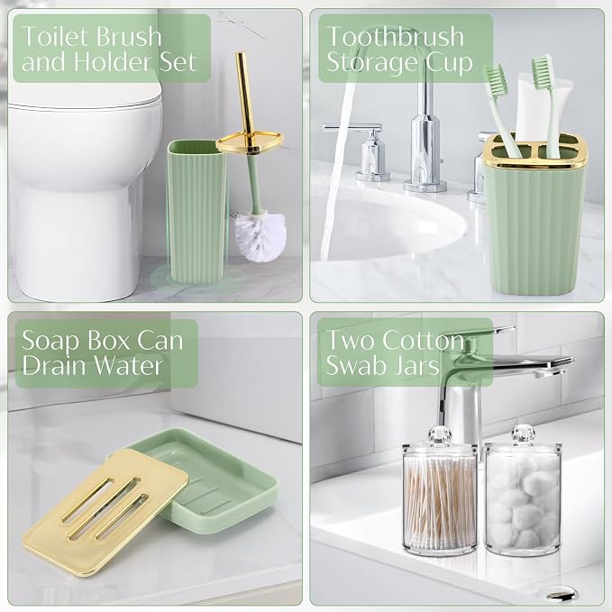 17PCS Bathroom Accessories Set, Green Bathroom Set Bathroom Accessories Set with Trash Can, Toilet Brush, Toothbrush Holder, Qtip Holder & 3PCS Soap Dispenser