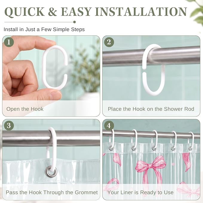 Clear Shower Curtain Liner, Pink Bow Preppy PEVA, 72x72 Inch | Cute Girly Waterproof Bath Plastic Shower Curtains Set with 3 Weighted Magnets and 12 Hooks for Bathroom Decor