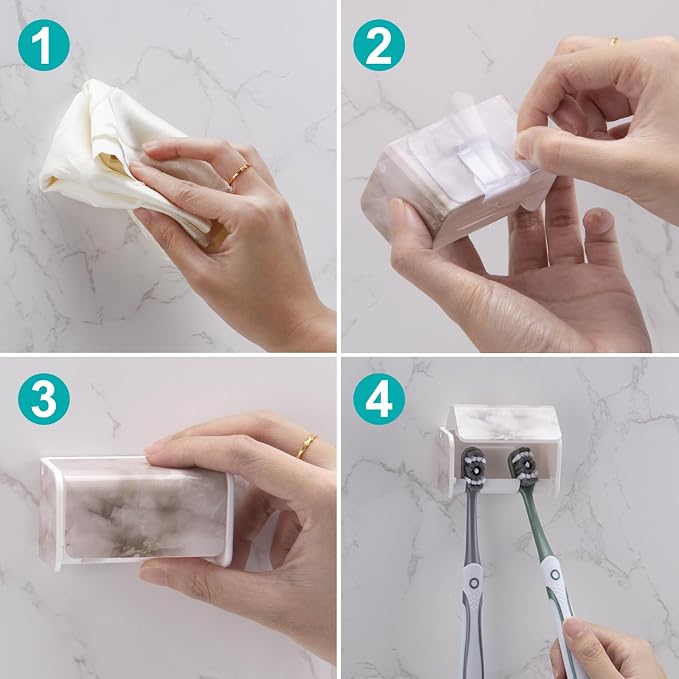 2 PCS Toothbrush Holders Wall Mounted with Cover (2, White Marble) | Wall mounted, Detachable, Easy to clean, Breathable, 2 Slots Self Adhesive Toothbrush Organizer for Bathroom