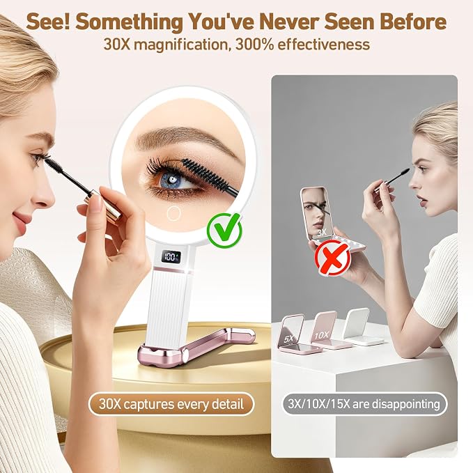 30X Travel Magnifying Mirror with Light, Height Adjustable Vanity Mirror with Phone Holder Stand, Portable Compact Handheld Makeup Mirror with Smart Display for Travel, Daily Makeup Use, Rosegold