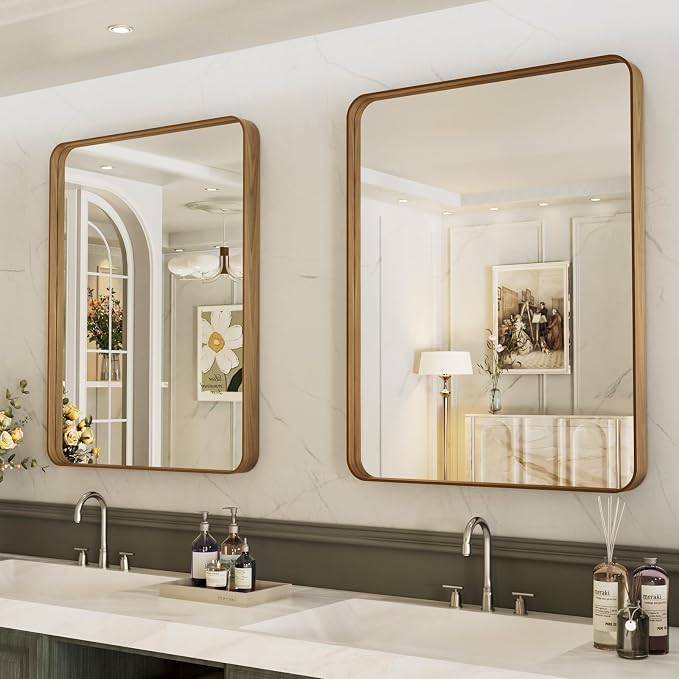 LOAAO 22X30 Inch Bathroom Mirror with Wood Grain Colored Metal Frame | Rounded Rectangle, Anti-Rust, Hangs Horizontally or Vertically