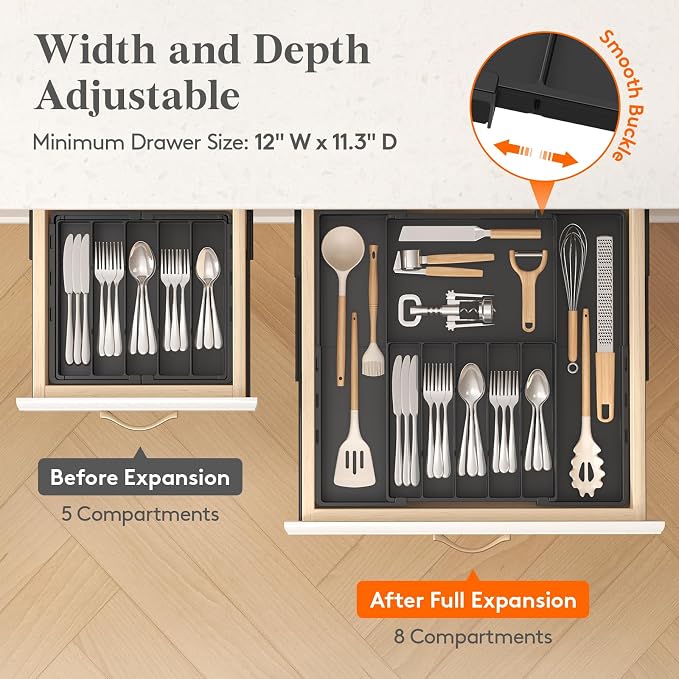Lifewit Expandable Silverware Drawer Organizer, Utensil Tray for Kitchen | BPA Free Flatware and Cutlery Holder, Adjustable Plastic Storage for Spoons Forks Knives, 12-20.5 x 11.3-19.4 x 1.7", Black