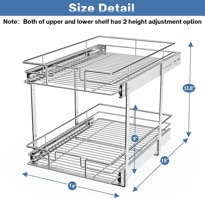 LOVMOR 2 Tier Individual Pull Out Cabinet Organizer 14" W x 18" D, Slide Out Kitchen Cabinet Storage Sliding Shelves