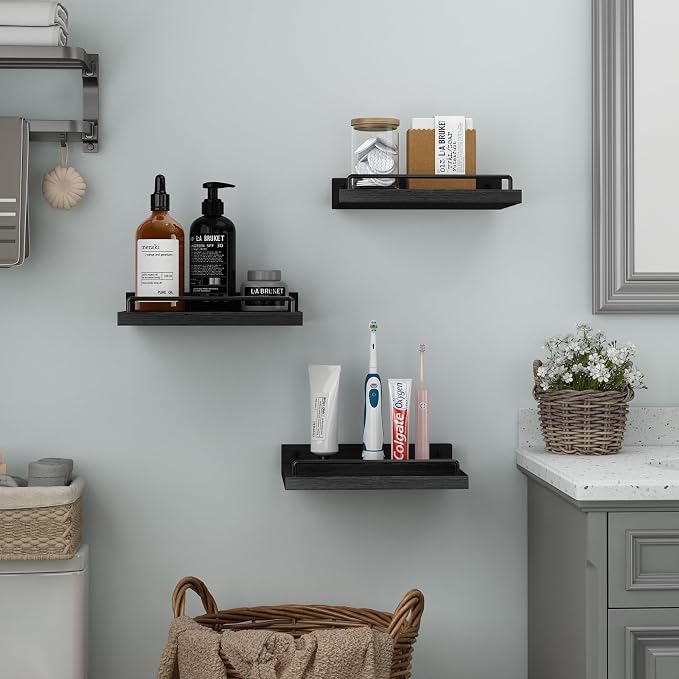 RYOFOBETTO Small Floating Shelf, 6X9 Inches Farmhouse Wall Shelves for Living Room, Bedroom, Picture Frames, Plants, Kitchen, Set of 3 (Black)
