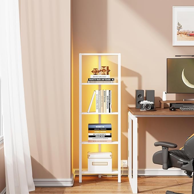 TUTOTAK Corner Shelf with LED Light, 5-Tier Corner Bookshelf | for Small Space, Narrow Display Corner Shelf Stand with Storage Rack, for Living Room, Bedroom, White BS05BW005L