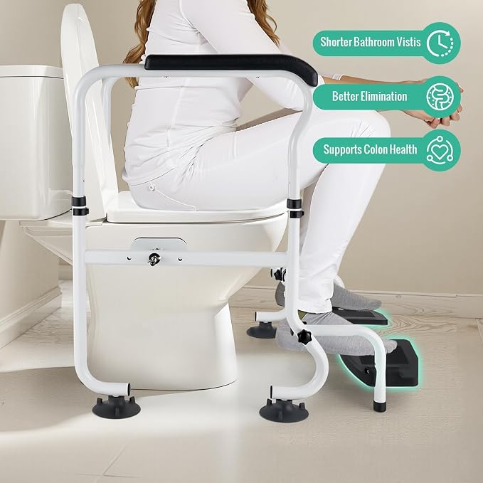 Toilet Safety Rails with Footrests, Adjustable Height & Width, Foldable Heavy Duty Toilet Safety Frame with Handles, Supports 500 lbs, Fits Most Standard Toilets-Suit for Elderly, Seniors & Disabled