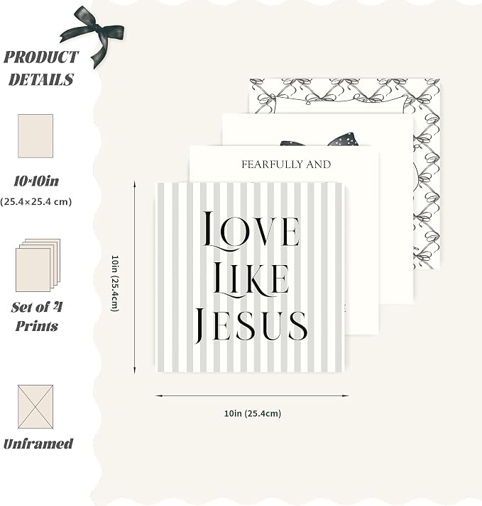 LARTSFRO Coquette Black Bow Jesus Wall Art Decor Posters, Black Bow Room Christian Bedroom Bathroom Wall Art Decor Aesthetic for Teen Girls College Gifts, Inspirational Bible Verses Bow Wall Decor, 10x10 Inch Set of 4 Bow Pictures(UNFRAMED)