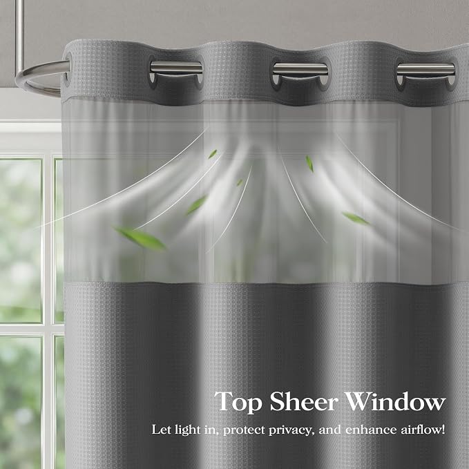 Grey Hook Free Waffle Shower Curtain & Snap-in Fabric Liner,72x75 | Less Time to install, 3 in 1 Fabric Shower Curtain and Liner Set with Magnets, Mesh Top Window, Shower Curtains for Bathroom