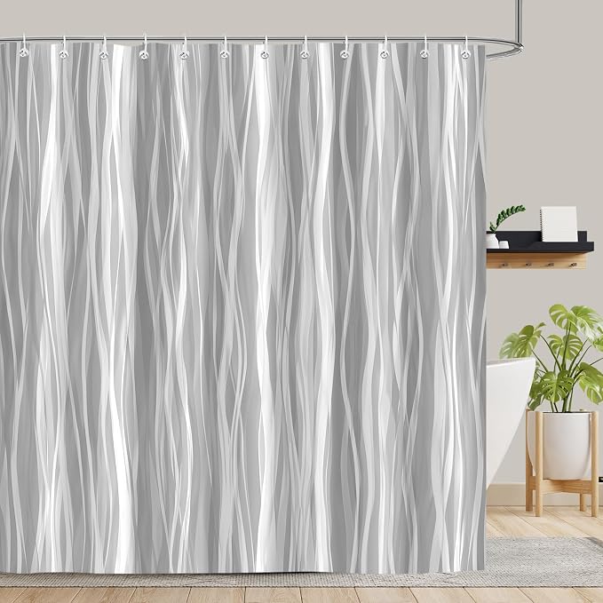 Moonslim Grey Ombre Shower Curtain, Modern Wavy Abstract Gray Striped Line Bathroom Curtain, Waterproof Fabric Bath Decor, 72 x 84 Inch