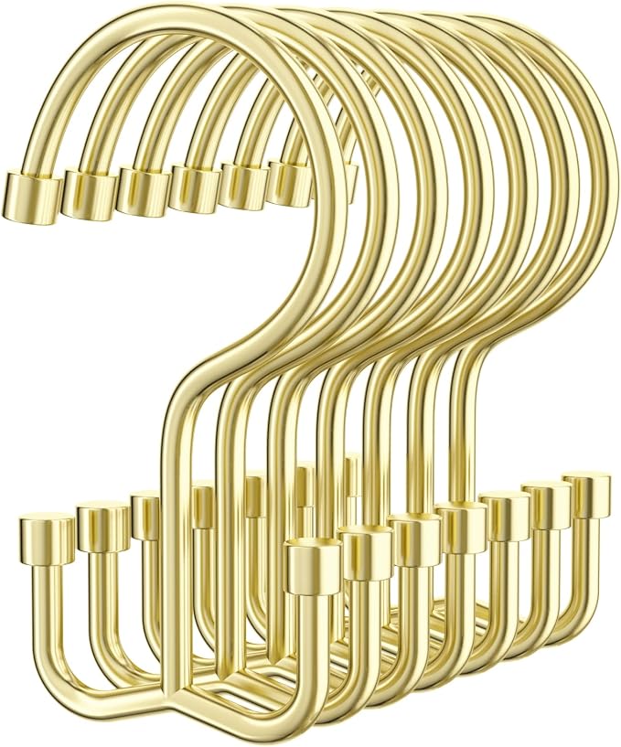 24 Pcs Shower Curtain Hooks, OEH Shower Curtain Rings, Durable Gold Shower Curtain Hooks Rust Proof, Shower Rings for Curtain, Free Sliding Anti-Drop Double Shower Hooks for Shower Curtain Rod, Gold