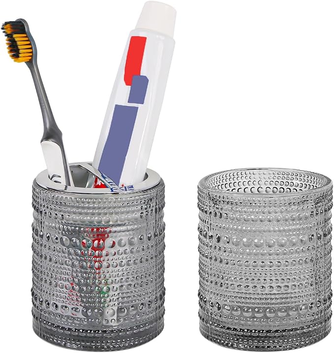 Grey Toothbrush Holders for Bathrooms, Glass Toothbrush Holder with 2 Slot Divider, 10oz Bathroom Tumbler and Mouthwash Cup, Tooth Brush Holder for Brushes, Toothpaste
