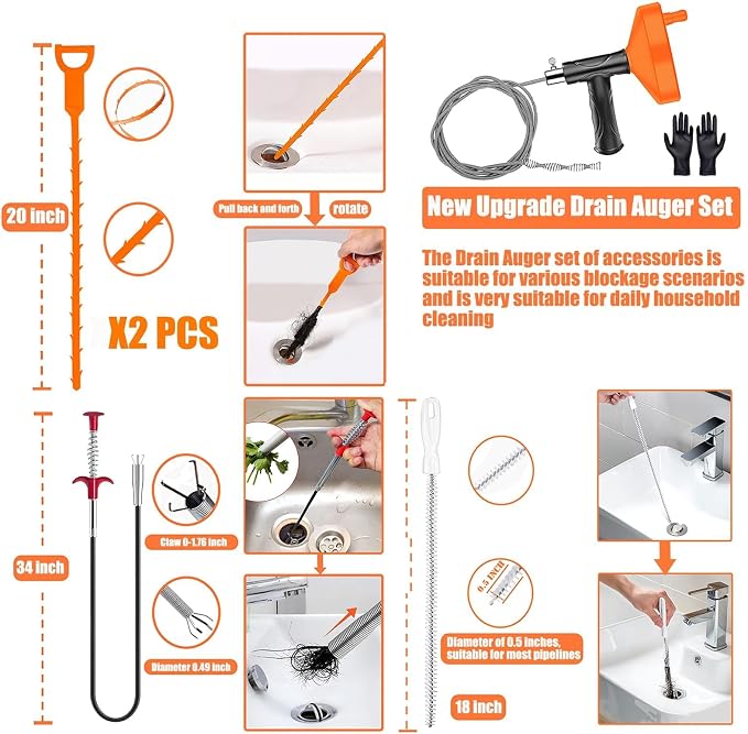 Drain Snake Auger, 33 FT Plumbing Snake Drain Hair Clog Removal Tool, Sink Unclogger Drain, Heavy Duty Snake Auger, Cleaner Tool for Bathroom Kitchen Tub Shower Drain Clog Remover with Gloves