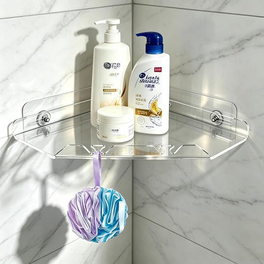 Corner Shower Caddy Shelf Rack, 10"x10" 1 Tier Clear | 2 Tier Adhesive Shower Organizer Essentials, No Drilling Acrylic Bathroom Storage Rack, With Hooks