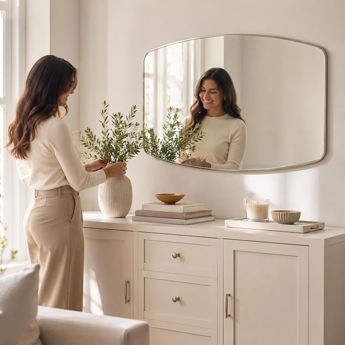 Brushed Nickel Curved Rectangle Bathroom Mirror, 24x36 Inch | Aluminum alloy frame, tempered glass, two-way keyhole mount, for bedroom, dresser, hallway