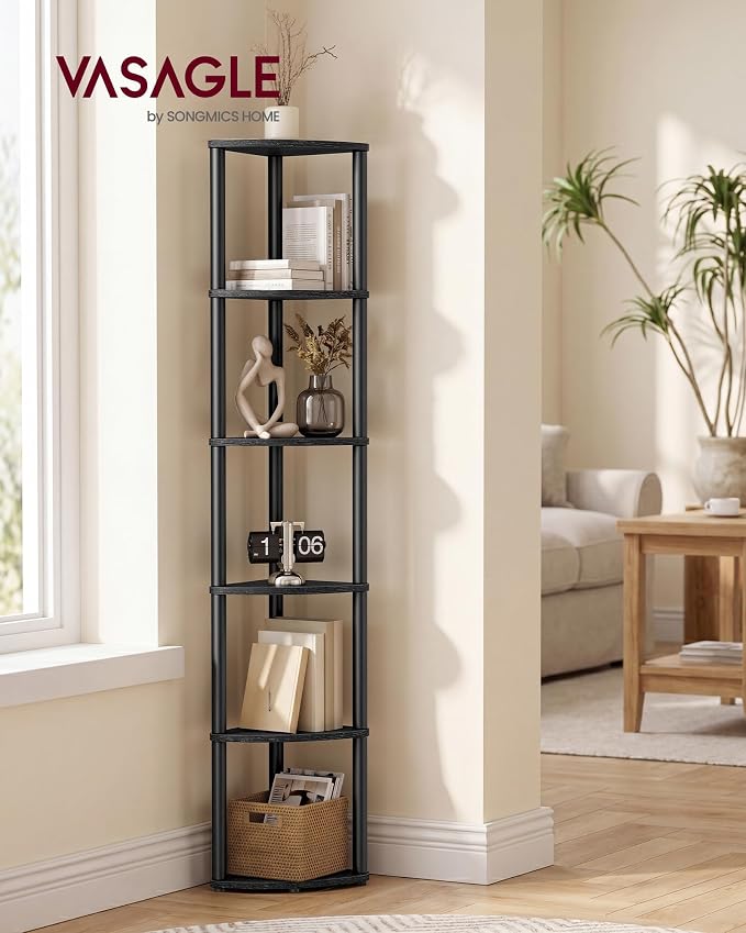 VASAGLE Corner Shelf, Superfast Toolless Assembly, 6-Tier Corner Standing Shelf, Corner Shelf Stand, Living Room, Bedroom, Kitchen, 15.1 x 10.6 x 68.3 Inches, Ink Black ULBC660BE02