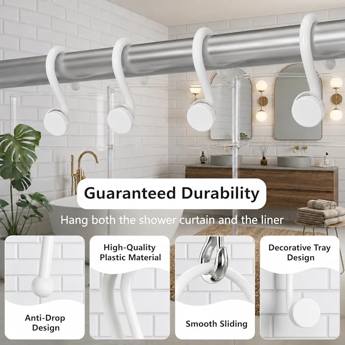Bathway Plastic Shower Curtain Hooks, 12 Pcs, White, Decorative Hooks | Waterproof, Rust-Proof, Sturdy, Wear-Resistant, Drop-Proof, Multifunctional, Easy to Install, Classic and Attractive