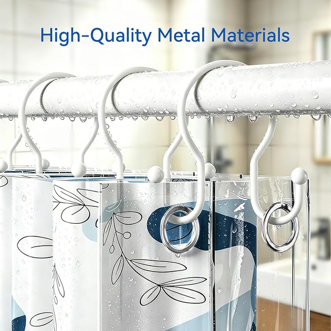 OEH Shower Curtain Hooks, 12 Pcs Minimalist Shower Curtain Rings, Metal Shower Curtain Hangers, Double Hook Shower Curtain Hooks Rust Proof, Glide Smoothly Shower Hooks for Shower Curtain Rod, White