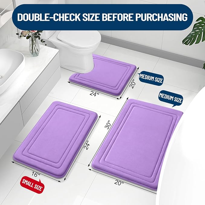 Grandaily Memory Foam Bath Mat Rug 24x16, Ultra Soft, Non-Slip and Absorbent Bathroom Rugs, Machine Wash Dry, Comfortable Bath Carpet for Bathroom Floor, Tub and Shower, Lavender