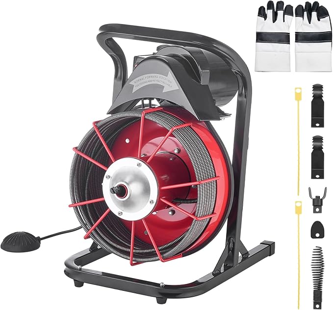 VEVOR Drain Cleaner Machine 75 FT x 1/2 Inch Sewer Snake Auger Manual Feed | Efficient Clog Clearing for 2" to 6" Pipes, Solid Core Steel Cable, with 4 Cutters & Air-activated Foot Switch