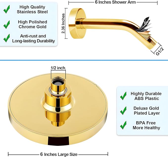 High Pressure Rainfall Shower Head, 6 Inches Showerhead with Perfect Adjustable Replacement, Removable Restrictor, Easy Installation for Your Bathroom Shower Heads (Deluxe Gold + Shower Arm)