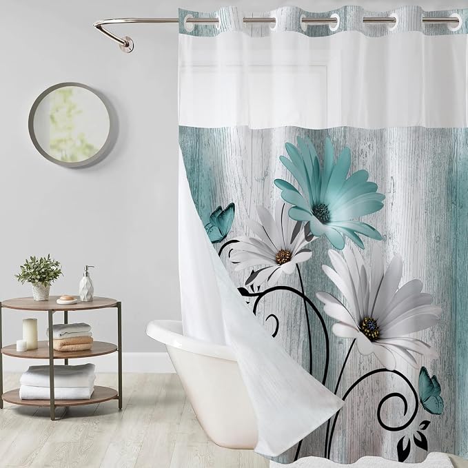 Hookless Shower Curtain with Snap in Liner, Teal No Hook Shower Curtains for Bathroom，Shower Curtain and Liner Set for Bathroom Decor,Waterproof & Washable,72W x 87L Inch