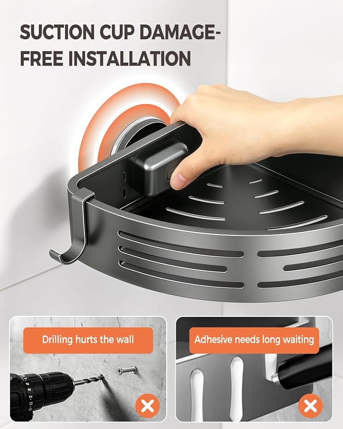 Conworld Corner Shower Caddy Suction Cups, No-Drilling Corner Shower Shelf | No Drilling, No Wall Damage, Aluminum, Rustproof, Suitable for Ceramic Tiles and Glass Walls