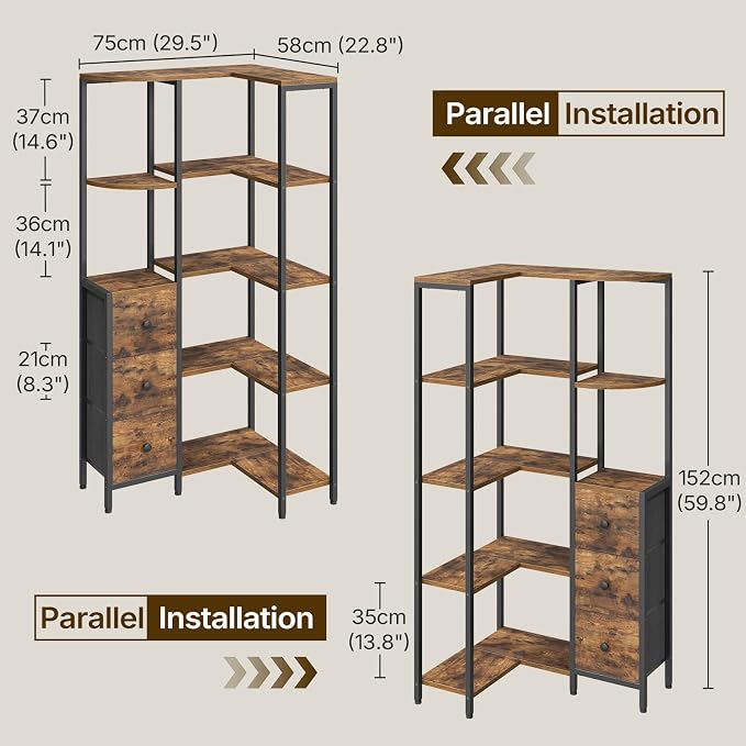 Corner Bookshelf, 5-Tier L-Shaped Bookcase with 3 Fabric Drawers, Storage Display Shelf, Freestanding Tall Open Shelf, for Living Room, Bedroom, Home Office, Rustic Brown SJ12BR