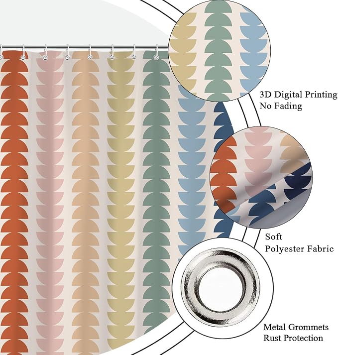 Modern Geometric Shower Curtain, Vintage Rainbow Mid-Century Abstract Art Design Bath Curtains for Bathroom, Colorful Semicircular Pattern Waterproof Polyester Fabric Bathroom Set 12 Hooks 36X72IN