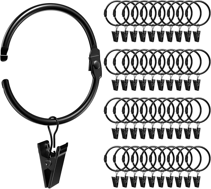 40 Pack 2 Inches Openable Curtain Rings with Clips | Drapery Metal Clip Iron Drapes Hangers Decorative for Windows Rods Rustproof, Black