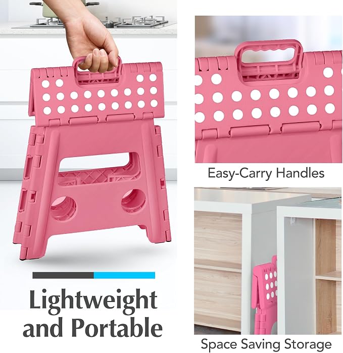 Handy Laundry Folding Step Stool 13 Inch, Pink, Non-Slip Holds 300 lbs | 13 Inch, Pink, Foldable Collapsible Step Stool, Non-Slip, Holds 300 lbs, Kitchen Bathroom Bedroom, Adults