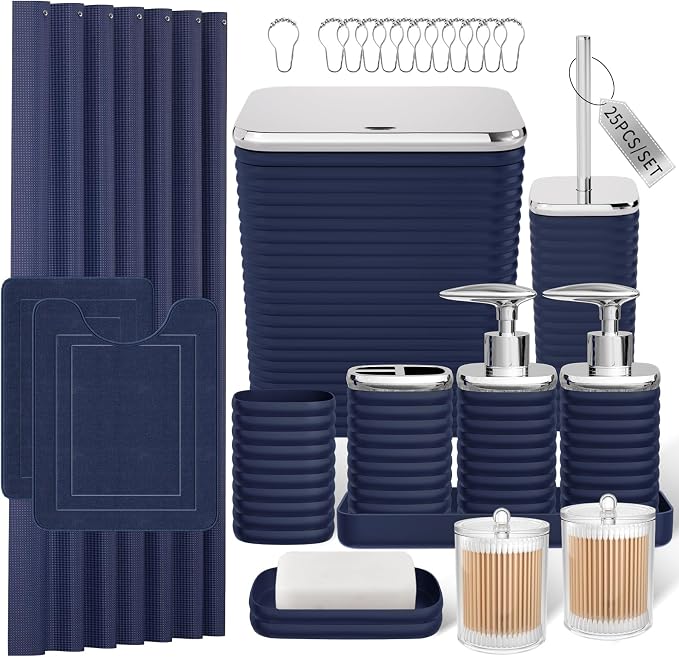 Bathroom Set - 25PC Bathroom Sets with Shower Curtain and Rugs, Blue Bathroom Set, Bathroom Accessory Set, Luxury Bathroom Accessories Set, Trash Can, Toilet Brush, Soap Dish & Soap Dispenser