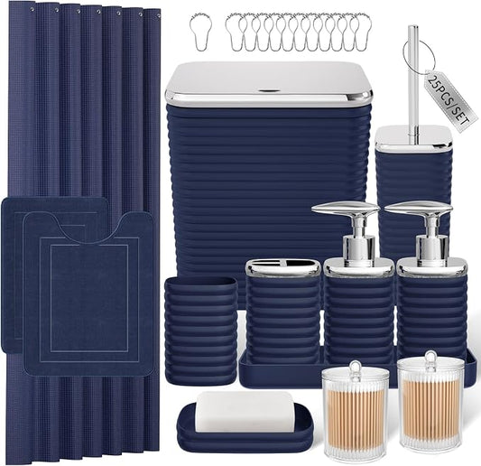 Bathroom Set - 25PC Bathroom Sets with Shower Curtain and Rugs, Blue Bathroom Set, Bathroom Accessory Set, Luxury Bathroom Accessories Set, Trash Can, Toilet Brush, Soap Dish & Soap Dispenser
