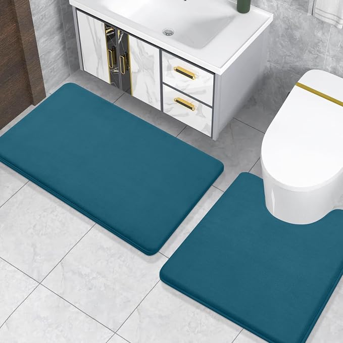 Smiry Memory Foam Toilet Rugs 24x20, Extra Soft Absorbent Bathroom Rugs | Peacock Blue, Quick Dry Machine Washable Non-Slip Contour Bath Mat for Toilet