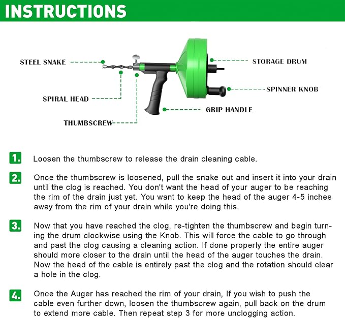 BACOENG 33Ft Drain Auger, Heavy Duty Plumbing Snake with Drill Adapter, Use Manually or Powered for Drain Clog, Shower Sink, Comes with Gloves and Bag (Green)