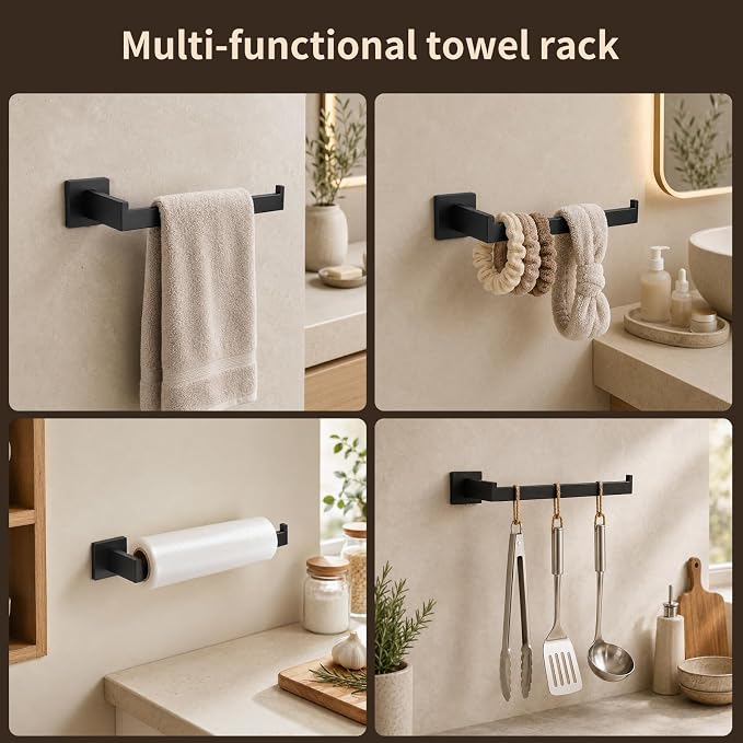 9 Piece Matte Black Bathroom Hardware Set, 24 Inch Double Towel Bar with Removable Hooks, SUS304 Stainless Steel Wall Mounted Heavy Duty Rustproof Accessories for Bathroom Kitchen