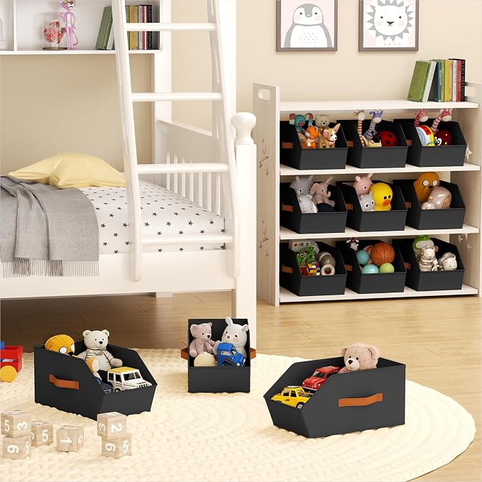 Large Closet Storage Cubes - Closet Storage Bins with Dual Handles for Clothes, Towels, Toys, Shelf Organizer Bins for Bedroom, Nursery, Shelves, Small Spaces, Black, 6 Pack
