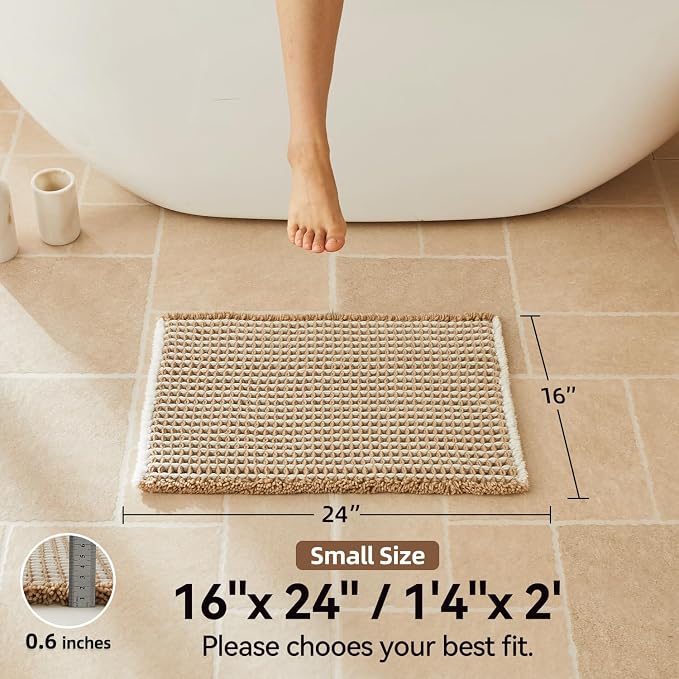 Triohero Waffle Bath Mat, Small Boho Bathroom Rugs Non Slip Washable, Ultra Soft Super Absorbent Quick Dry Farmhouse Bathroom Decor, 16" x 24", Khaki & White