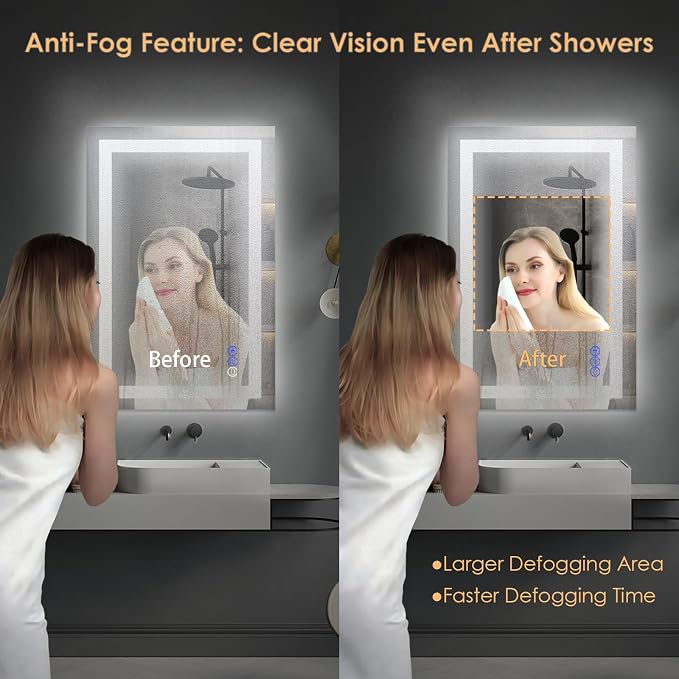 LED Bathroom Mirror, Vanity Mirror with Light for Wall 16"×24" | Stepless Dimmable, 3 Colors (3000K-6000K), Anti-Fog, Wall Mounted, 1 Hour Auto Off, Memory Function, Reinforced Packaging
