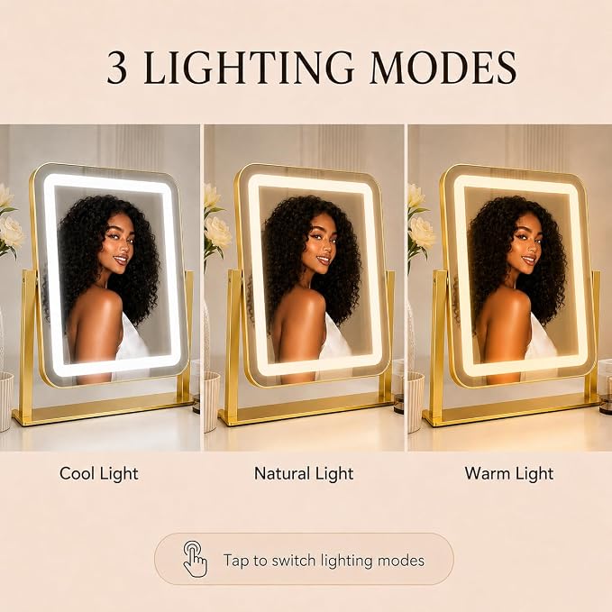 HNV 15" x 13" Gold Lighted Makeup Mirror | Compact gold desk mirror for dorm makeup, foundation checks, eyeliner, brows, mascara and skincare.