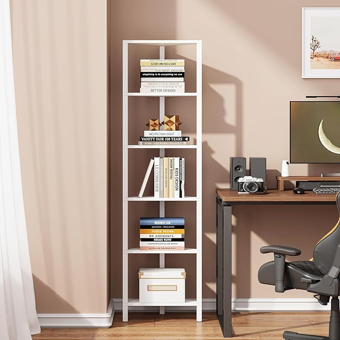 TUTOTAK 6-Tier Corner Bookshelf, Corner Shelf for Small Space | Narrow Display Corner Shelf Stand with Storage Rack, for Living Room, Bedroom, White BS05BW006