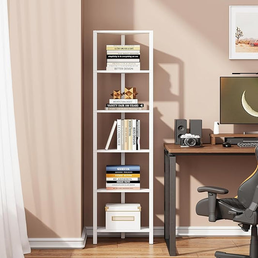 TUTOTAK 6-Tier Corner Bookshelf, Corner Shelf for Small Space | Narrow Display Corner Shelf Stand with Storage Rack, for Living Room, Bedroom, White BS05BW006