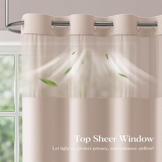 Blush Pink Hook Free Waffle Shower Curtain & Snap-in Liner,72x75 | Less Time to install, 3 in 1 Fabric Shower Curtain and Liner Set with Magnets, Mesh Top Window, Shower Curtains for Bathroom