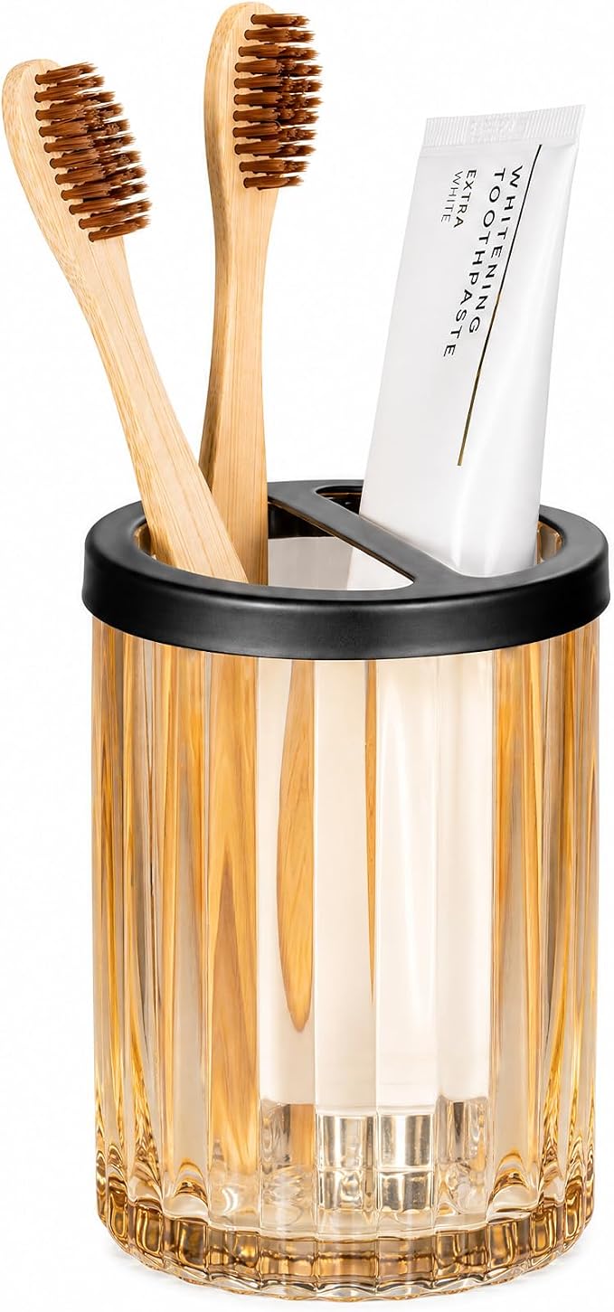 Amolliar Glass Toothbrush Holder Bathroom Tumbler Toothpaste Storage(Amber) | Bathroom Tumbler and Mouthwash Cup with 2 Compartment Organizer Divider, Toothbrush and Toothpaste Organizer for Countertop