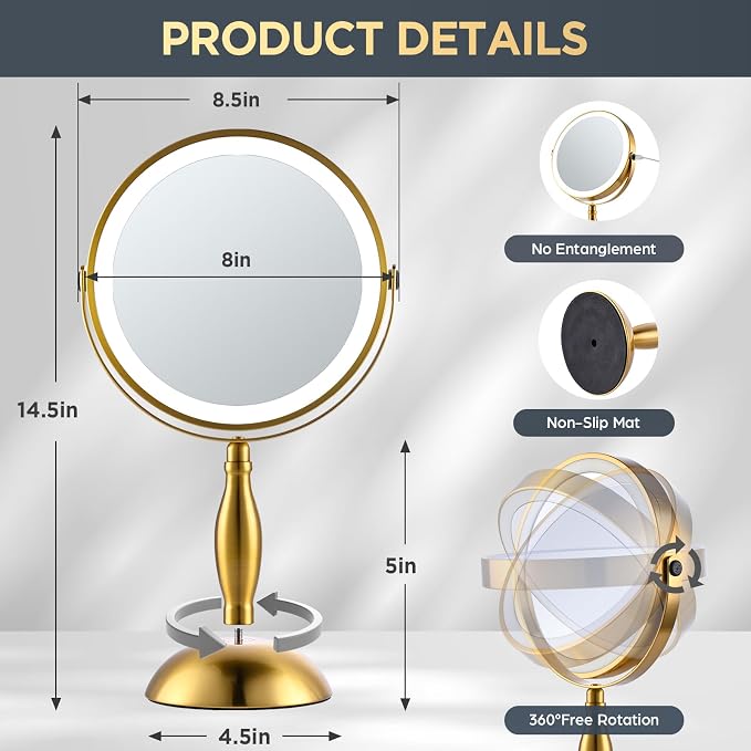 Makeup Mirror with Lights, 30X Golden Magnifying Mirror | 5000mAh Rechargeble Double Sided Mirror - Side Charge & Touch, Brightness Adjustable with 3 Colors, 360°Swivel Vanity Mirror
