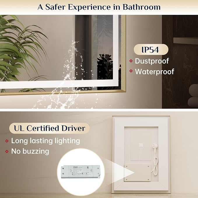 Keonjinn 42x36 Inch Gold LED Bathroom Mirror with Lights, Beveled Edge | Frontlit & Backlit, Lighted Bathroom Mirror, HD Tempered Glass, 3 Color Temperatures, Anti-fog, Stepless Dimmable