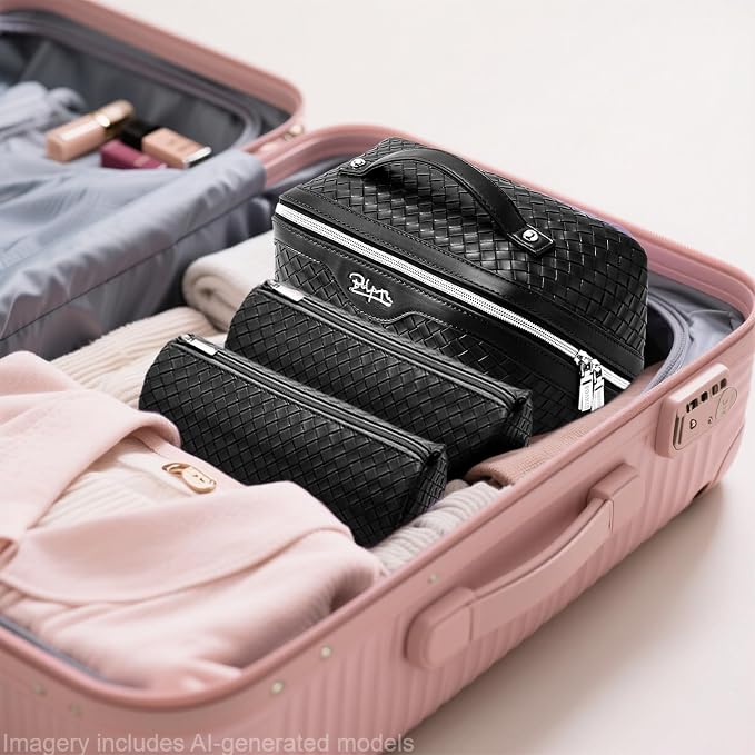 BOYATU Travel Makeup Bag Cosmetic Bags for Women: 3 Pcs Set Make up Bag | Large Capacity Waterproof Vegan Leather Organizer Bags with Compartments - Lay flat Toiletry with Handle (L05 Black)