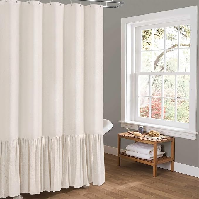 Linen Ruffle Modern Farmhouse Cloth Shower Curtain, 72x72, Beige/Cream | Ruffle Hem, Heavy Duty Fabric, 12 Hooks, Elegant Drape, Shabby Chic Style, Bathroom Decor, Machine Washable, Easy To Install