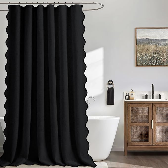 Scalloped Shower Curtain Linen Boho Flax Black 72" W x 72" L | Linen Fabric, Black Border, Washable, Heavy Duty Cloth, Shower Curtain for Boho Farmhouse Bathroom Bathtub