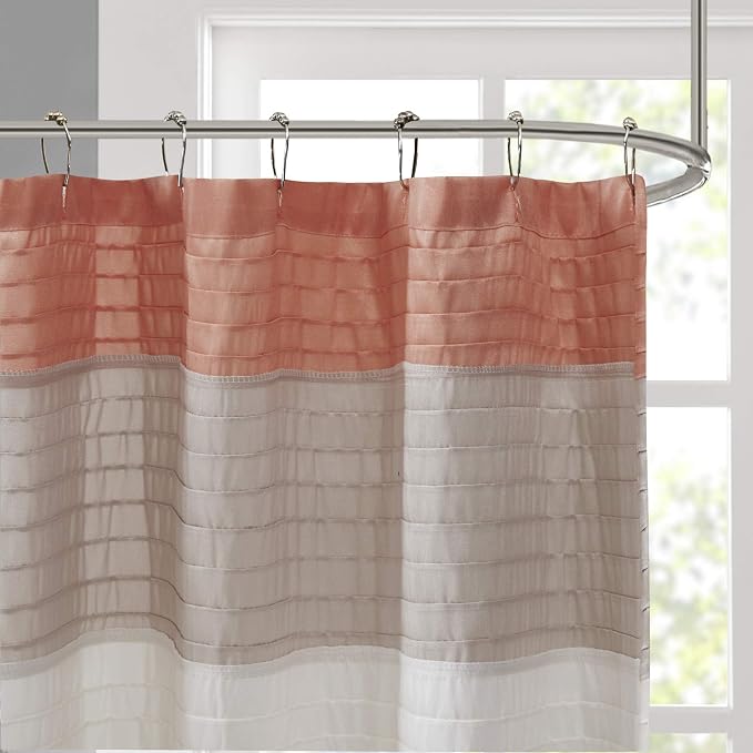 Madison Park 72 x 84 Extra Long Bathroom Shower Curtain Faux Silk Navy | Modern Classic, Light Sheen, Pieced, Striped, Microfiber, Machine Washable, OEKO-TEX Certified, Amherst