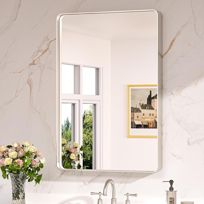 Keonjinn 24 x 36 Inch Brushed Nickel Bathroom Mirrors for Over Sink | HD Tempered Glass, Silver Vanity Mirror, Rust-Resistant Aluminum Frame, Rounded Rectangle, French Cleat Mount, Home Décor